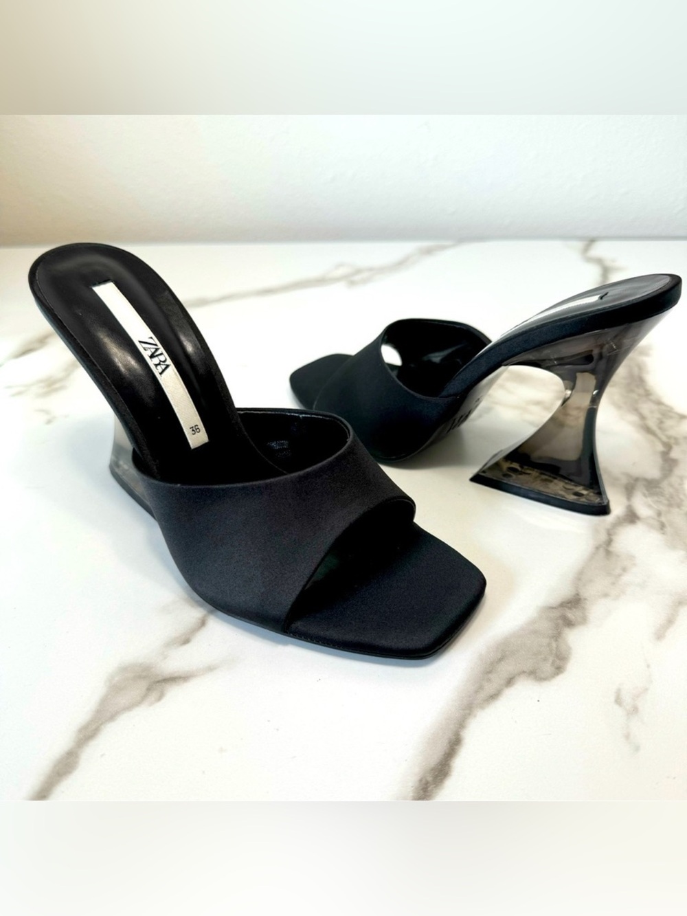NWOT Zara Black Satin Square Open Toe Chunky See Through Heels Mule Sandals, 6